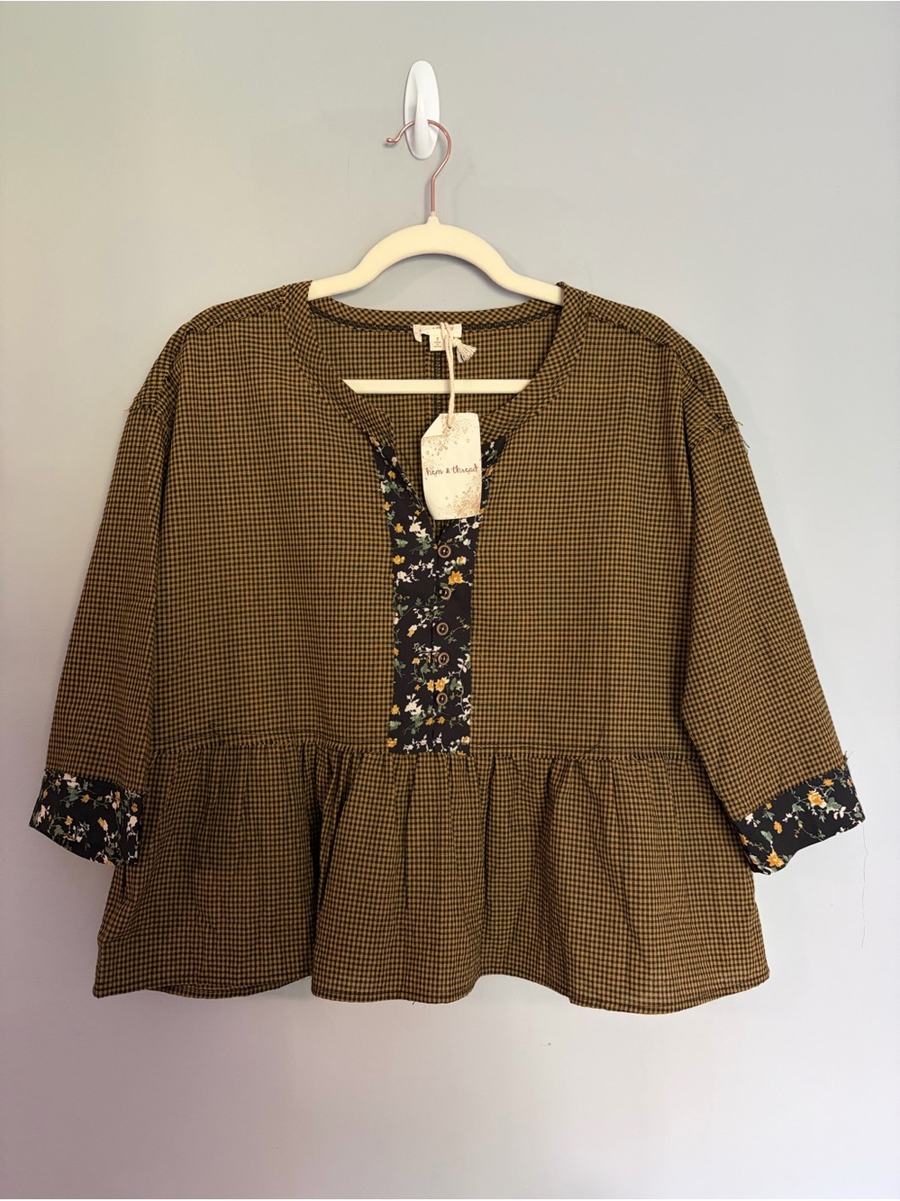 NWT Hem & Thread Peplum Top Size S Brown Plaid Babydoll Boho Peasant Oversized
